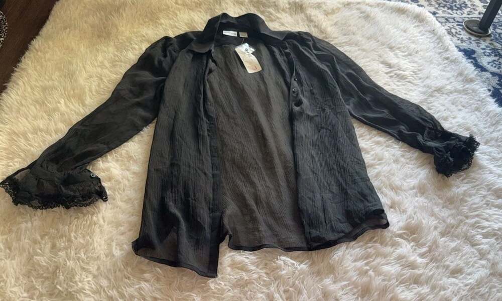 Chico's Size 0 Black Silk Sheer Lace Trim Long Sleeve Button Down Shirt